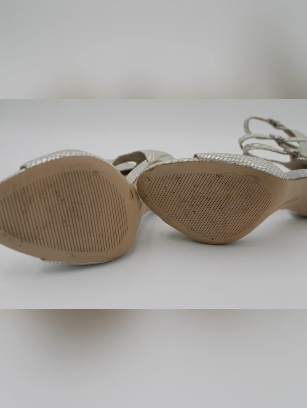 BCBGeneration Snakeskin Strappy Heels Silver Cream Size 9